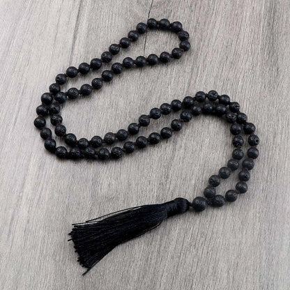 Buddhist Mala Beaded Necklaces for Women Men 6 8mm Black Lava Rock Stone Long Tassel Necklace Handmade Vintage Ethnic Jewelry