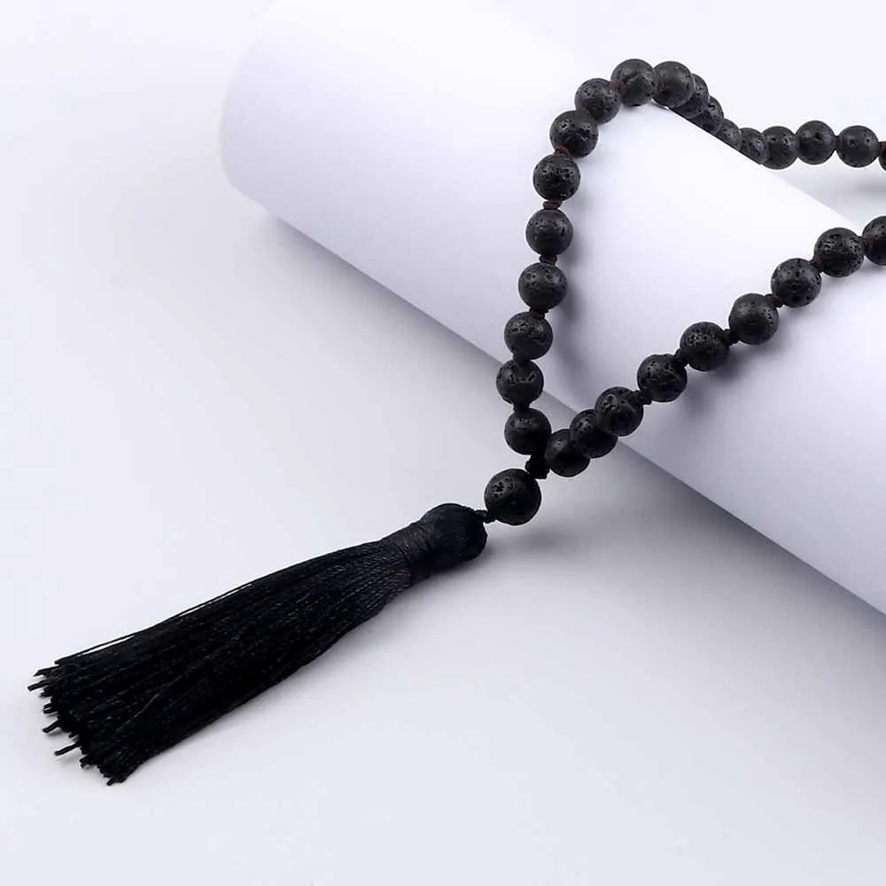 Buddhist Mala Beaded Necklaces for Women Men 6 8mm Black Lava Rock Stone Long Tassel Necklace Handmade Vintage Ethnic Jewelry