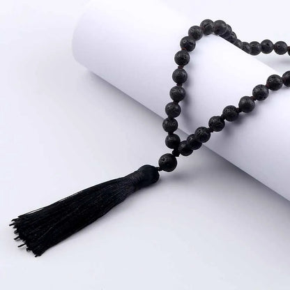 Buddhist Mala Beaded Necklaces for Women Men 6 8mm Black Lava Rock Stone Long Tassel Necklace Handmade Vintage Ethnic Jewelry