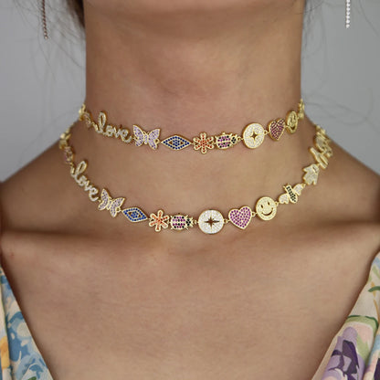 Luxury Women Fashion jewelry Micro pave colorful cz lucky charm link chain cute animal eye statement necklace