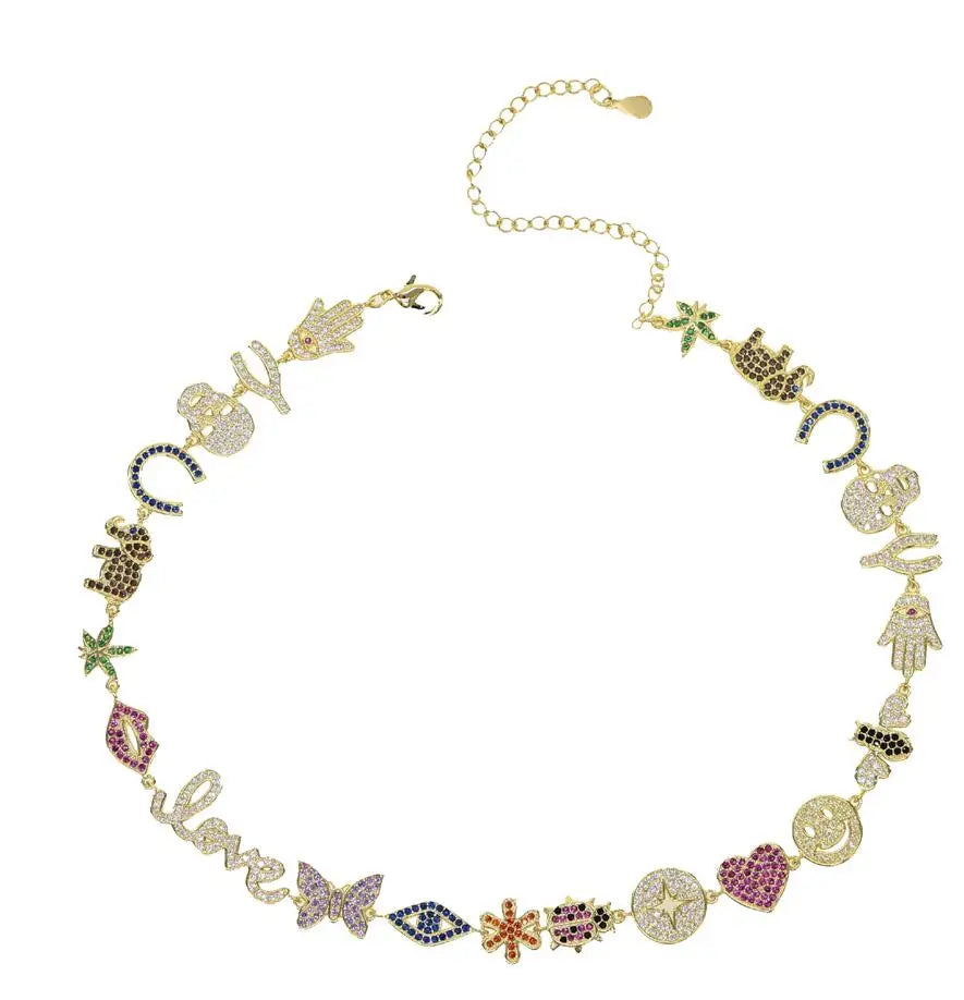 Luxury Women Fashion jewelry Micro pave colorful cz lucky charm link chain cute animal eye statement necklace