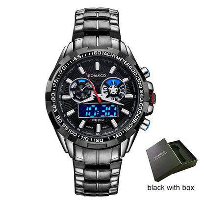 men sport watches military steel digital watch Luminous hand quartz watch 2017 BOAMIGO silver gift 30m waterproof wristwatches