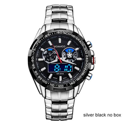 men sport watches military steel digital watch Luminous hand quartz watch 2017 BOAMIGO silver gift 30m waterproof wristwatches