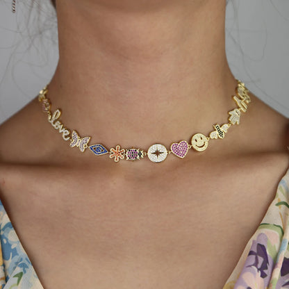 Luxury Women Fashion jewelry Micro pave colorful cz lucky charm link chain cute animal eye statement necklace