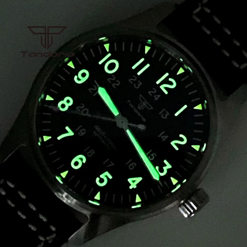Tandorio 39mm 20BAR Dive Pilot Men's Automatic Steel Watch NH35 Miyota 8215 PT5000 Mechanical AR Sapphire Wristwatch Green Lume