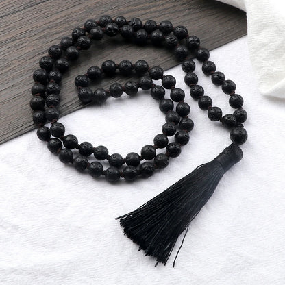Buddhist Mala Beaded Necklaces for Women Men 6 8mm Black Lava Rock Stone Long Tassel Necklace Handmade Vintage Ethnic Jewelry