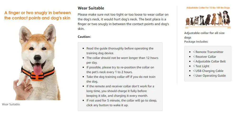 Dog Training Collar Waterproof Rechargeable Shock Collars for Dog with Remote Training Beep Vibration Shock, Electric Dog Collar