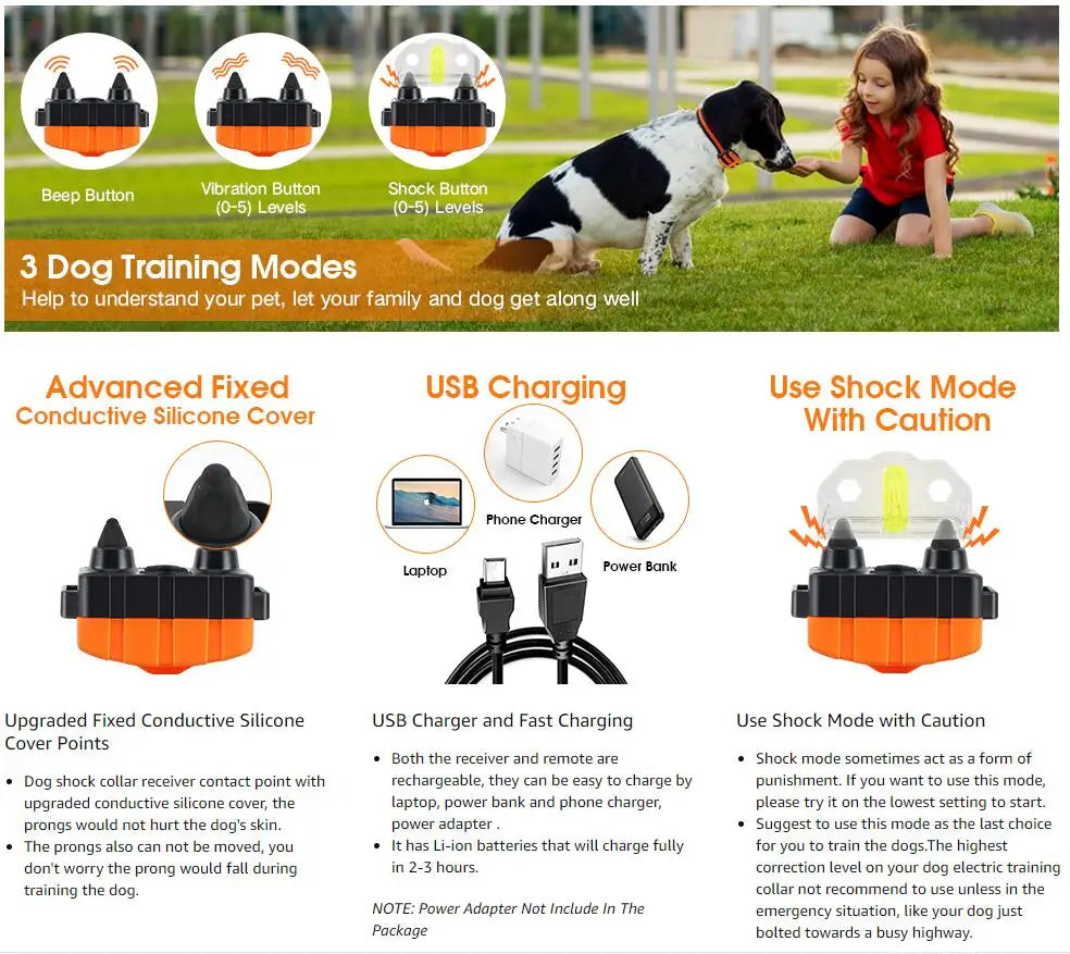 Dog Training Collar Waterproof Rechargeable Shock Collars for Dog with Remote Training Beep Vibration Shock, Electric Dog Collar