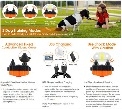 Dog Training Collar Waterproof Rechargeable Shock Collars for Dog with Remote Training Beep Vibration Shock, Electric Dog Collar