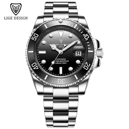 LIGE Classic Men Mechanical Wristwatch Luxury Ceramic Bezel Automatic Watch Sapphire Glass Watch for Men Relogio Masculino Box