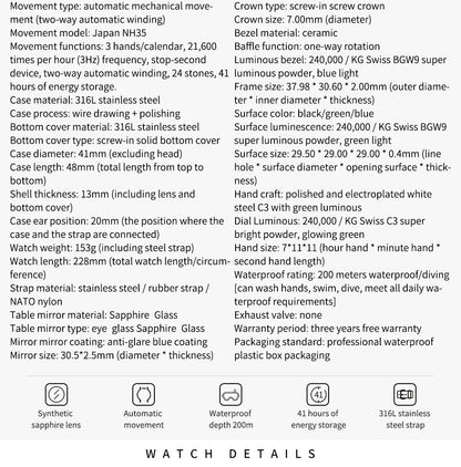 ADDIESDIVE NH35 Movement Automatic Watch Sapphire Crystal Mechanical Wristwatch 200m Diving Super Luminous Watches reloj hombre