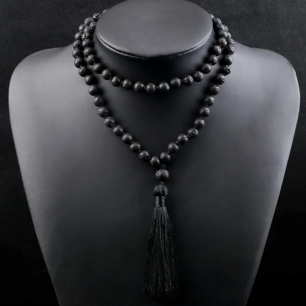 Buddhist Mala Beaded Necklaces for Women Men 6 8mm Black Lava Rock Stone Long Tassel Necklace Handmade Vintage Ethnic Jewelry