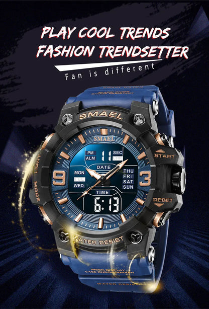 SMAEL 8049 Watch Sport LED Light Alarm Clock Dual Time Display WaterproofWeek Auto Date Wristwatches Quartz