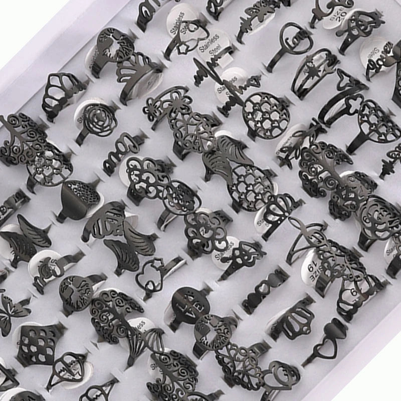 100 Pieces Stainless Steel Engraved Rings for Men and Women Fashion Charm Jewelry Gift Hollow Flower Finger Rings Wholesale Lots