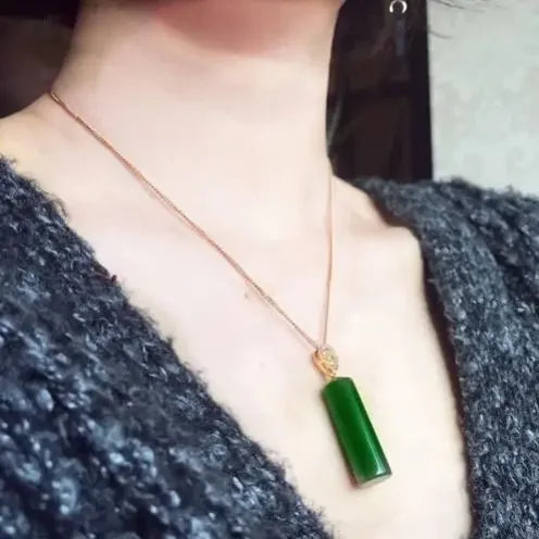 Natural Hetian Jasper Cylindrical Pendant, Spinach Green Jade Pendant for Men and Women