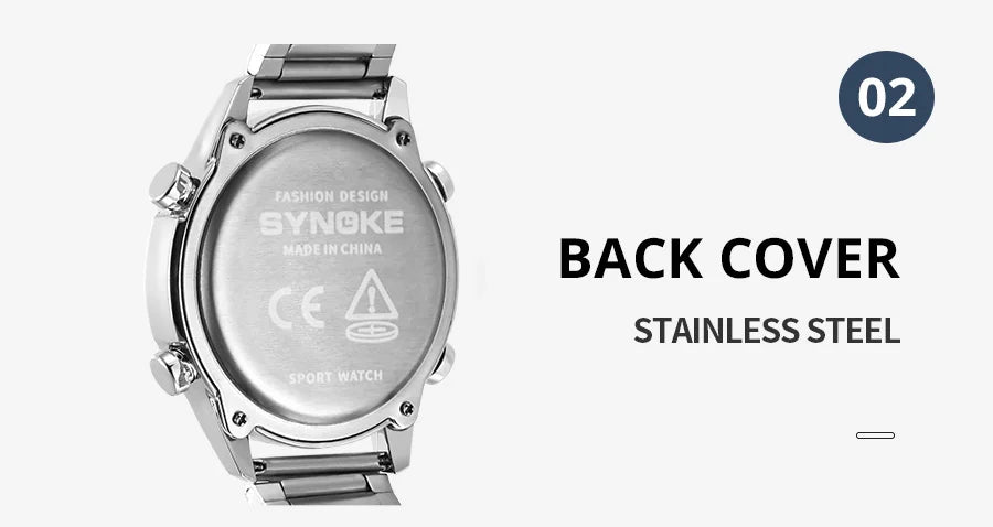 SYNOKE Top Luxury Stainless Steel Strap Sport Watches Mens Waterproof Back Light Digital Wristwatch Male Alarm