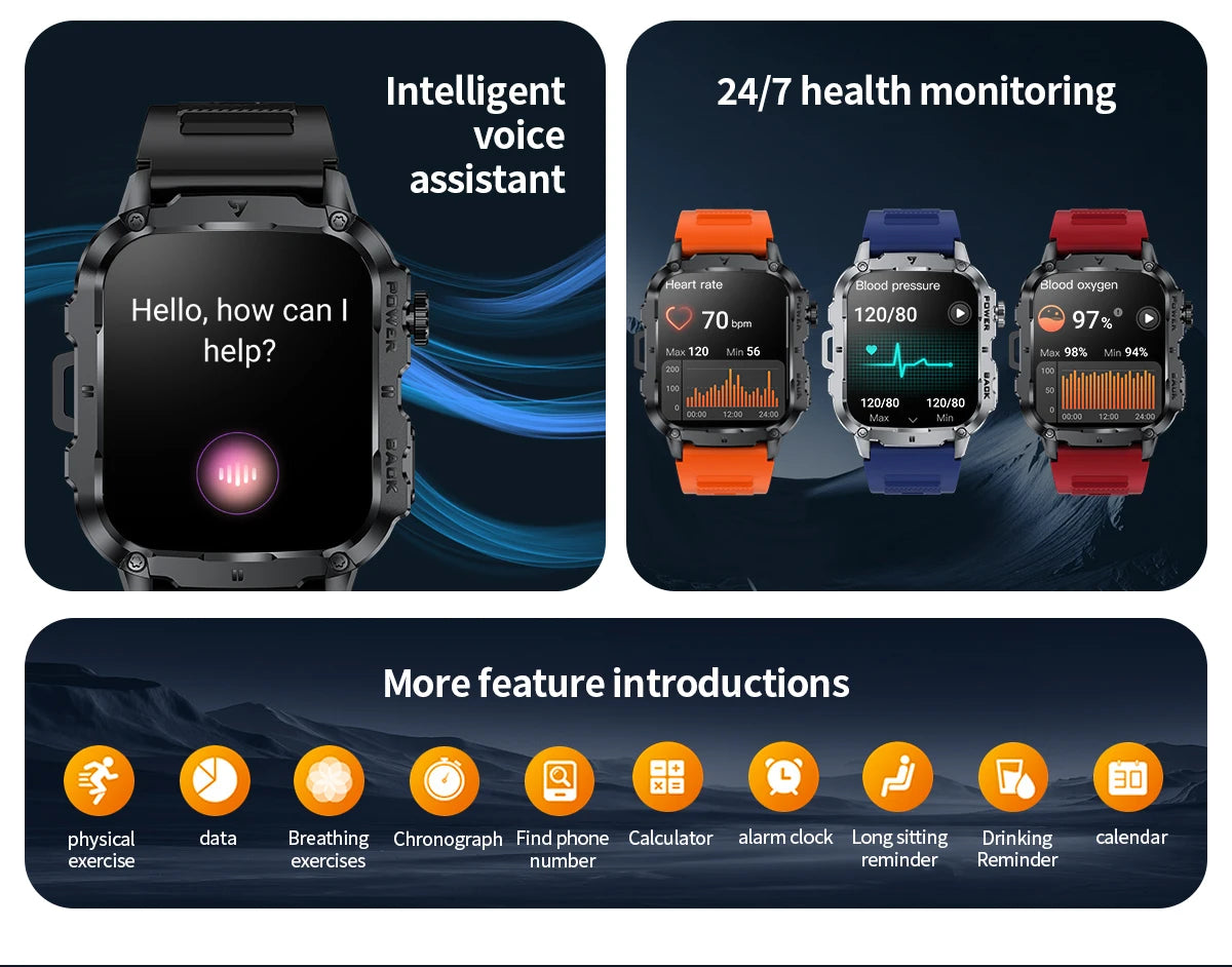 LIGE 2025 Rugged Military Smart Watch Men Outdoor Watches lP68 Waterproof 1.95" Al Voice BT Call Man Smartwatch For Android IOS