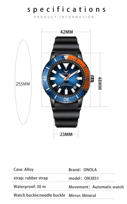 HOT Business Men's Fully Automatic Mechanical Watch ONOLA Genuine Leather Waterproof Casual Watch Men's Clock