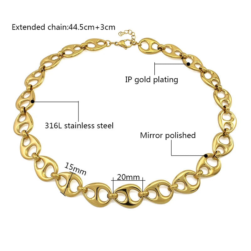 Stainless Steel Oval Button Links Pendant Necklace Choker Gold Color Statement Necklace 15mm Wide Fashion Modern Party Jewelry