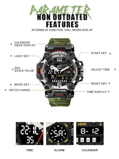 SMAEL New Watches 50m Waterproof Sports Watch Digital 8072 Army Watch Digital Quartz Dual Time Wristwatches LED for Men