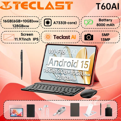 Teclast T60 AI Tablet (Allwinner A733 8-core 1.8GHz/6GB RAM/128GB ROM/1200*2000iPS TDDI/WIFI6/8000mAh/Type-C/13MP+5MP Android15)