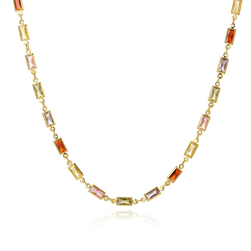 Boho Multicolor Crystal Stone Link Chain Necklace For Women Fashion Gold Color Multilayered Beaded Necklaces Party Jewelry