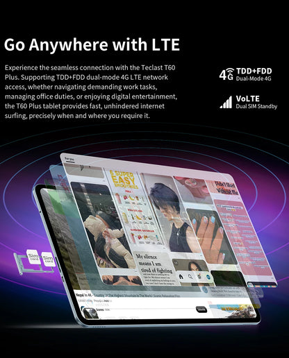 Teclast T60 Plus 12" Tablet 90Hz 2K Display Android 14 Max 16GB RAM 128GB ROM MTK G88 Octa-Core 8000mAh Widevine L1 4G LTE GPS