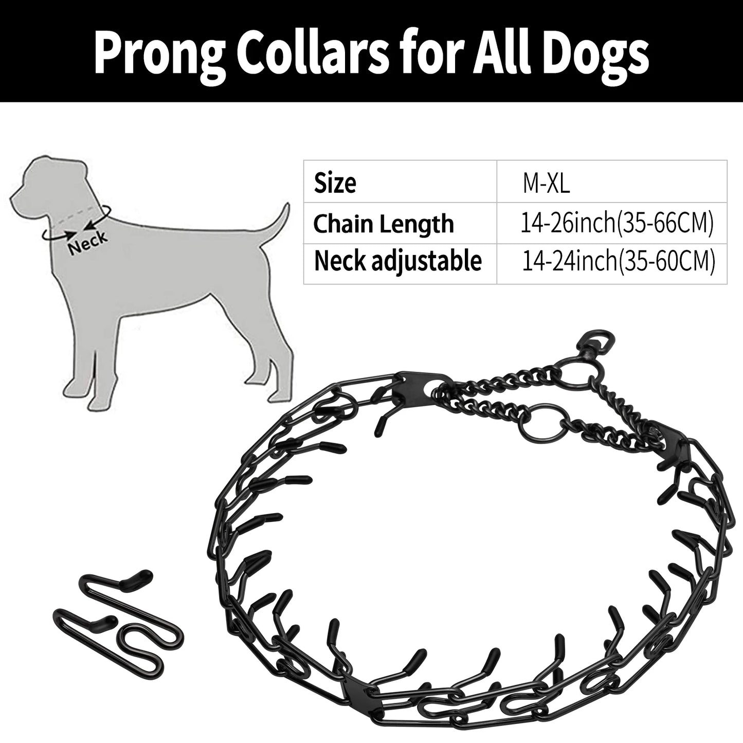 Training Prong Dog Collar Removable Black Pet Link Chain Adjustable Stainless Steel Metal Spike Necklace with Comfort Rubber Tip