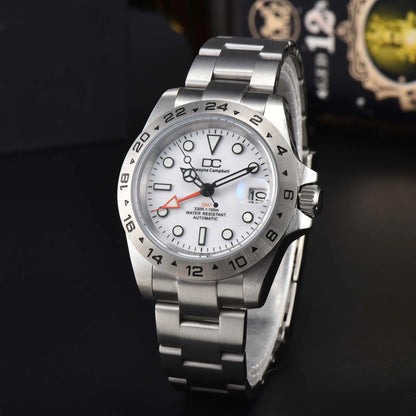 Dwayne Campbell Mater II NH34AA GMT Mechanical Men Watch Orange Hand White black Dial  Band Waterproof Wristwatch 24 Hours Bezel