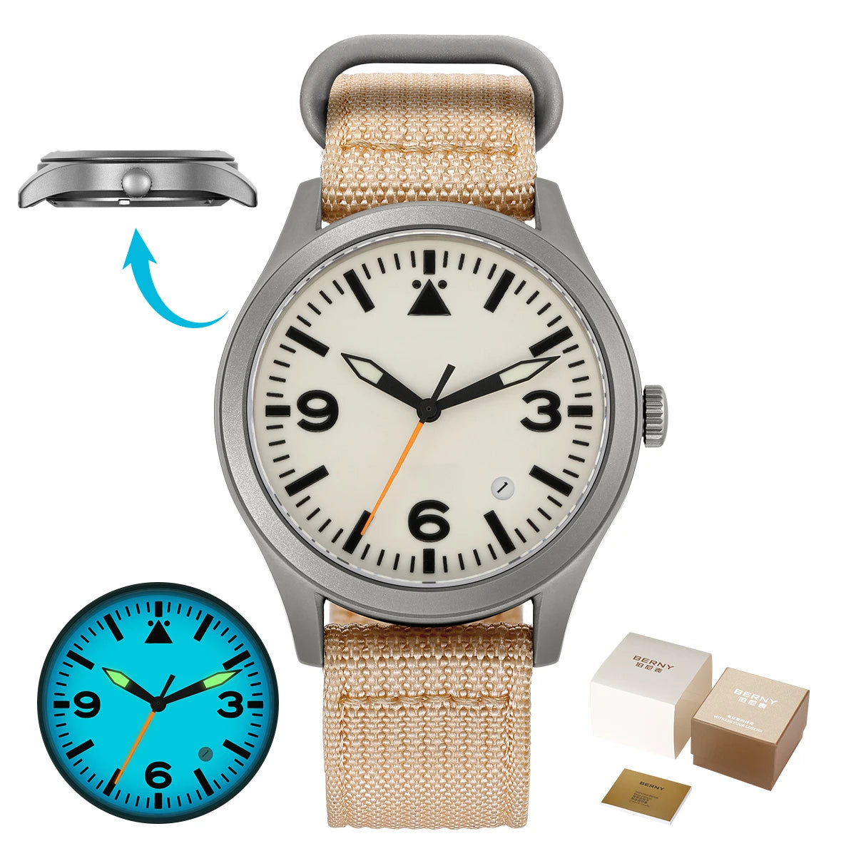 BERNY Pilot Titanium Automatic Watch for Men Sapphire AR Coated 10Bar Supper Luminous Men Wristwatch Sports Aviation Men Watches