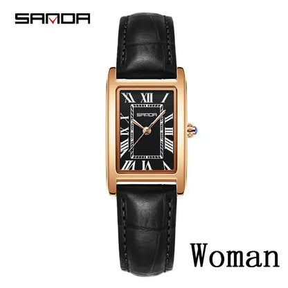 SANDA Luxury Tank Couple Watch Wear Resistant Leather Strap Square Dial Waterproof Sport Casual Women Men Quartz Watches Reloj