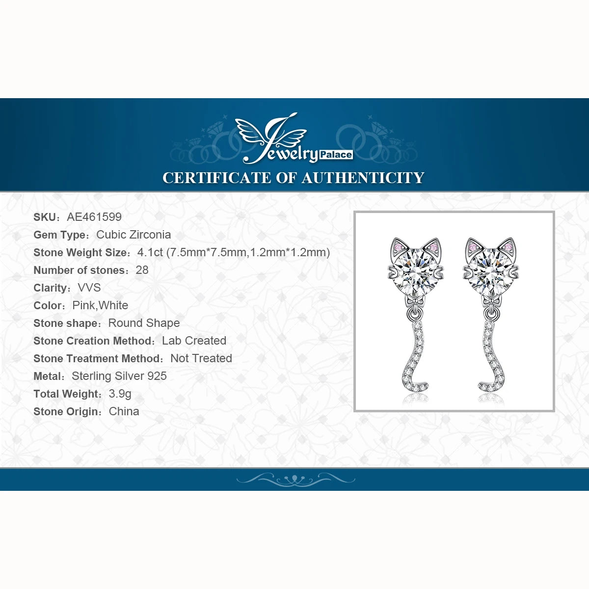 JewelryPalace New Arrival Love Cat Wagging Tail 4ct Round Gemstone 925 Sterling Silver Dangle Stud Earrings for Woman Girl Gift