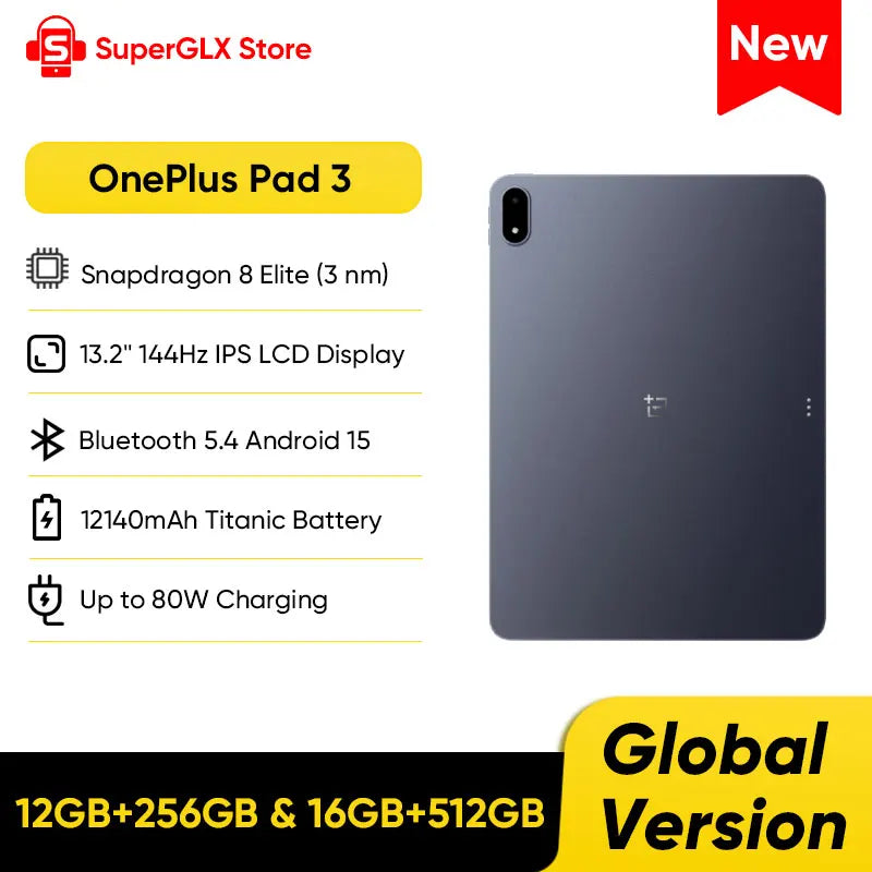 OnePlus Pad 3 Global – 13.2" 3.4K 144Hz, Snapdragon 8 Elite, 8 Speakers, Wi-Fi 7