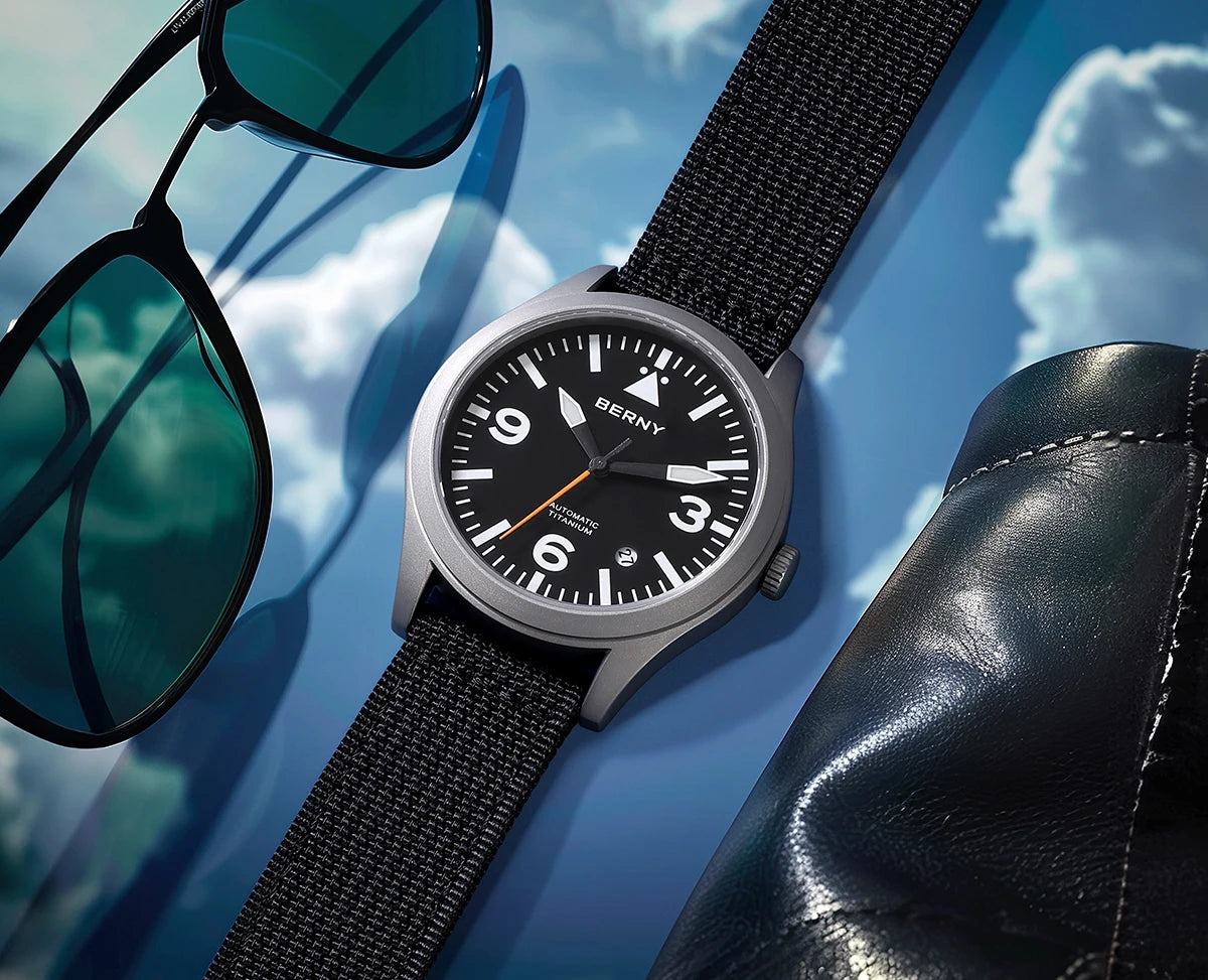 BERNY Pilot Titanium Automatic Watch for Men Sapphire AR Coated 10Bar Supper Luminous Men Wristwatch Sports Aviation Men Watches