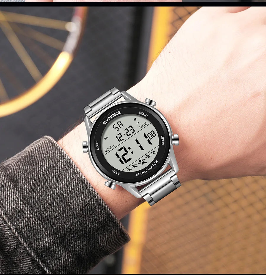 SYNOKE Top Luxury Stainless Steel Strap Sport Watches Mens Waterproof Back Light Digital Wristwatch Male Alarm