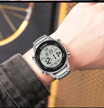 SYNOKE Top Luxury Stainless Steel Strap Sport Watches Mens Waterproof Back Light Digital Wristwatch Male Alarm