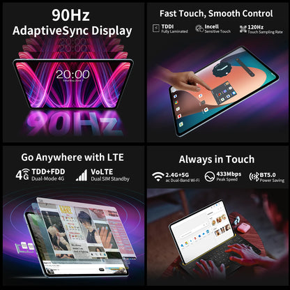 Teclast T60 Plus 12" Tablet 90Hz 2K Display Android 14 Max 16GB RAM 128GB ROM MTK G88 Octa-Core 8000mAh Widevine L1 4G LTE GPS