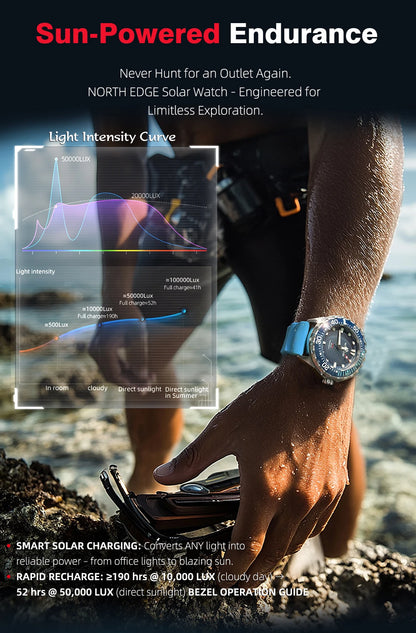 NORTH EDGE Watches for Man TRITON Solar Powered Diving Watch Quartz Wristwatch Stainless Steel Waterproof 300M Luxury Man Watch