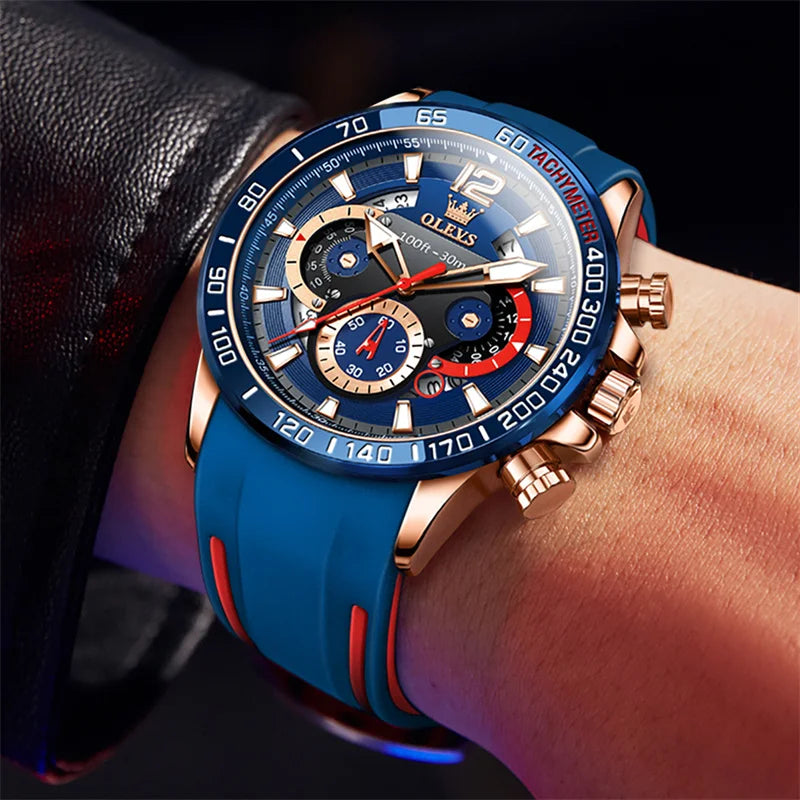 OLEVS Watch For Men High Quality Luminous Date Military Sport Quartz Men's Wristwatch Blue Rubber Strap Reloj Hombre