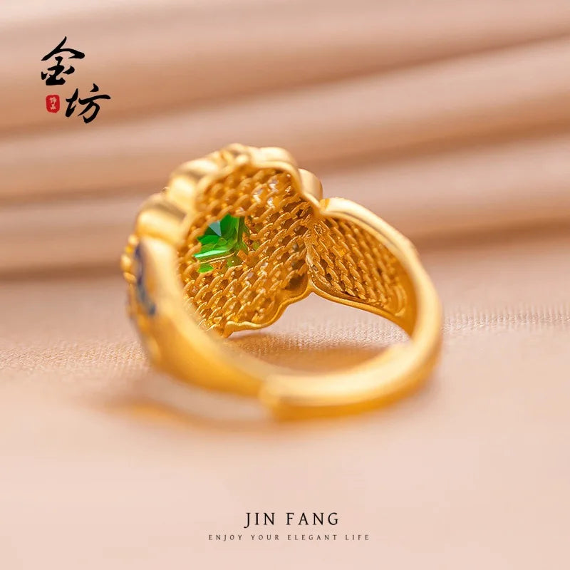 Gold shop 24K real gold spring garden ring au999 pure gold inlaid with enamel national trendy women's accessories