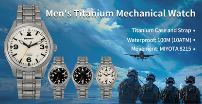 BERNY Pilot Titanium Automatic Watch for Men Sapphire AR Coated 10Bar Supper Luminous Men Wristwatch Sports Aviation Men Watches