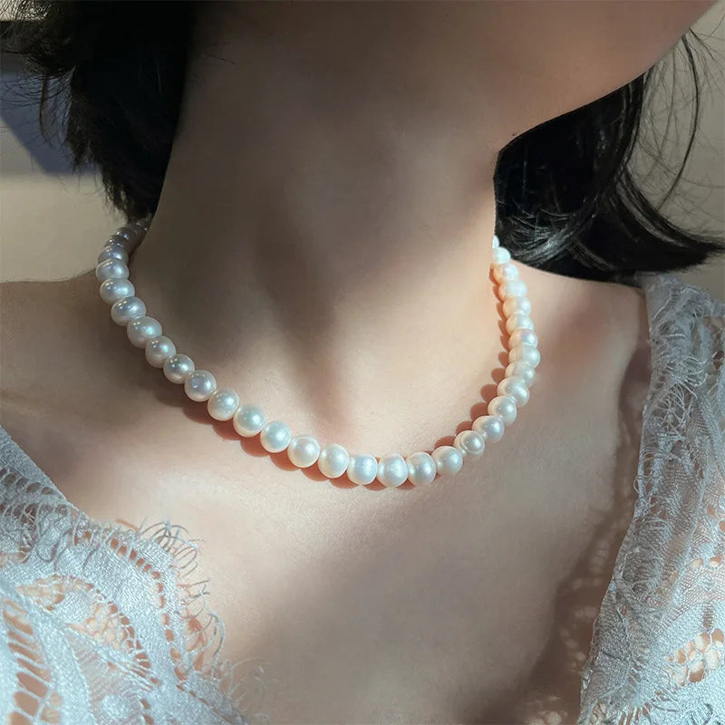 Natural Freshwater Pearl Necklace 7-8mm Irregular Round Pearls Necklaces for Women Lady Love Wedding Choker Jewelry Accessories