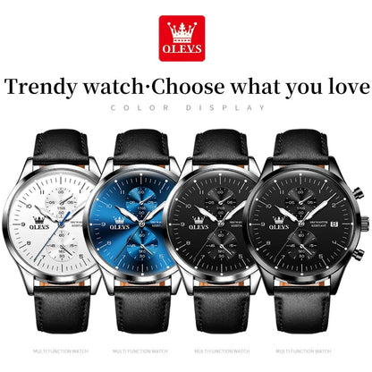 OLEVS 2880 Quartz Business Watch Gift Round-dial Genuine Leather Watchband Wristwatch Calendar Luminous