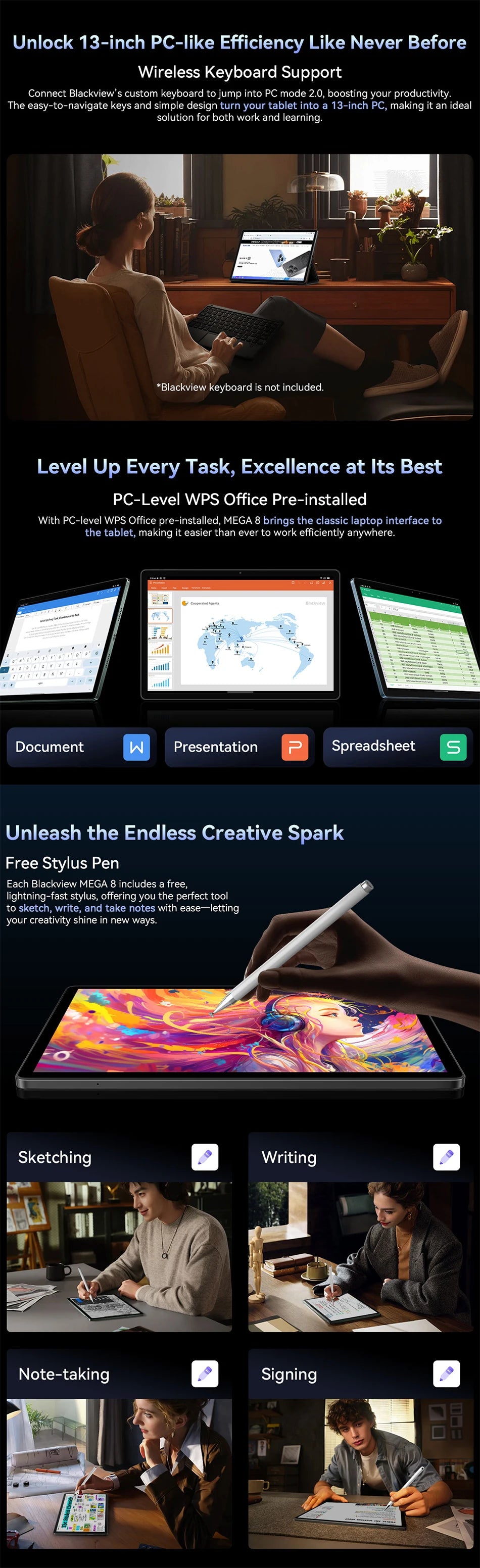 Blackview MEGA 8 Tablet - 13" FHD+ 90Hz Display Android 15 11000mAh 50MP Camera 4G Pad PC