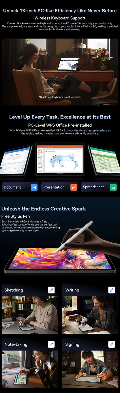 Blackview MEGA 8 Tablet - 13" FHD+ 90Hz Display Android 15 11000mAh 50MP Camera 4G Pad PC