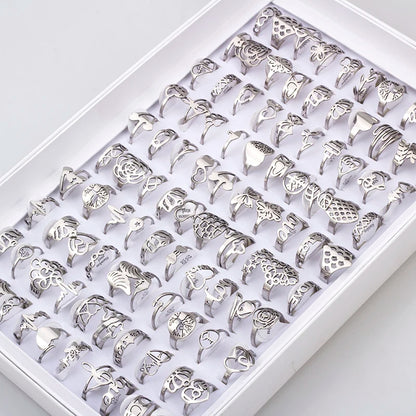 100 Pieces Stainless Steel Engraved Rings for Men and Women Fashion Charm Jewelry Gift Hollow Flower Finger Rings Wholesale Lots