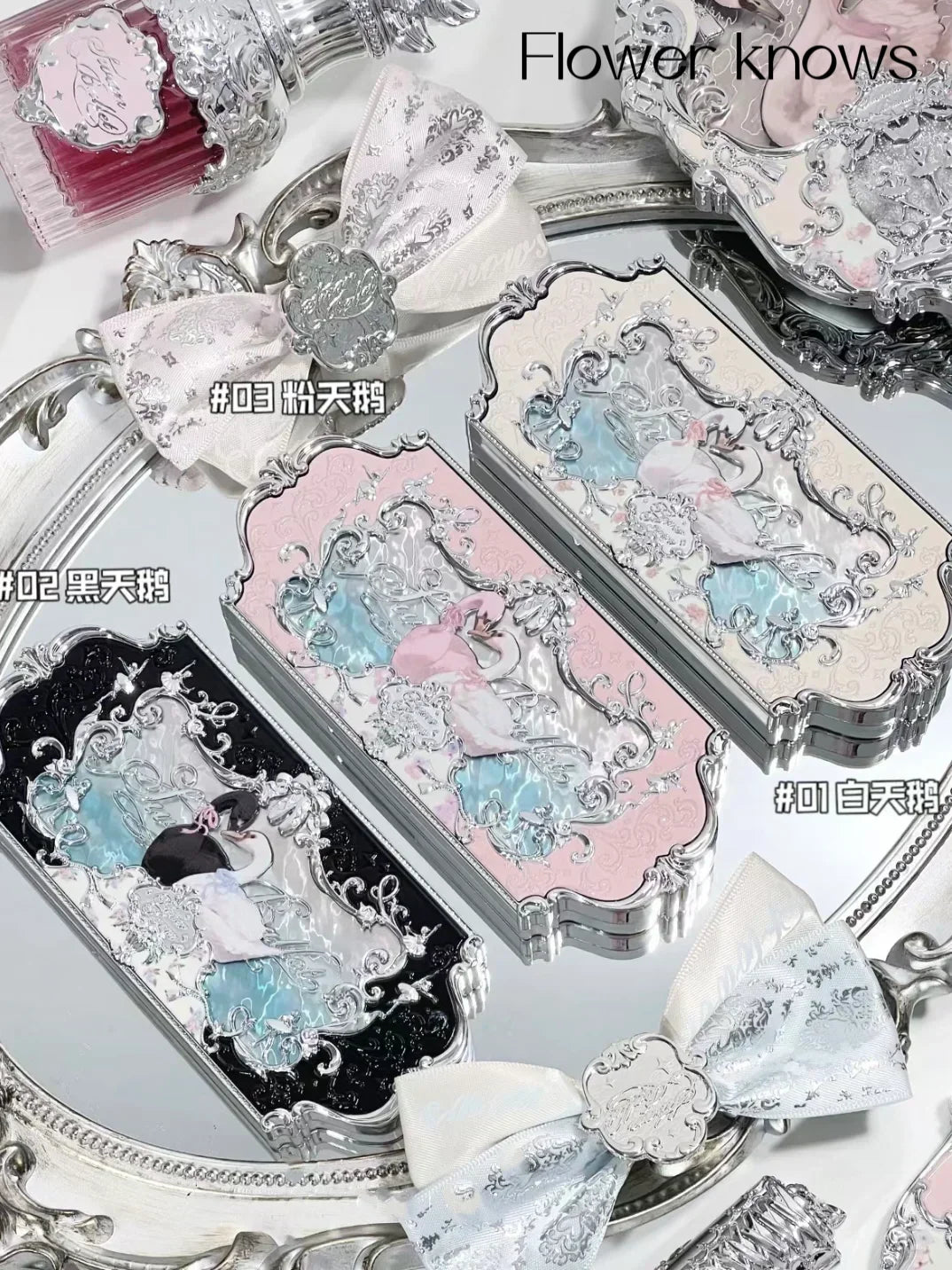 Flower Knows Swan Ballet Eyeshadow 6 Color Palette Matte Shimmer Glitter Mixed Long Lasting Eye Shadow Makeup Flowers Know