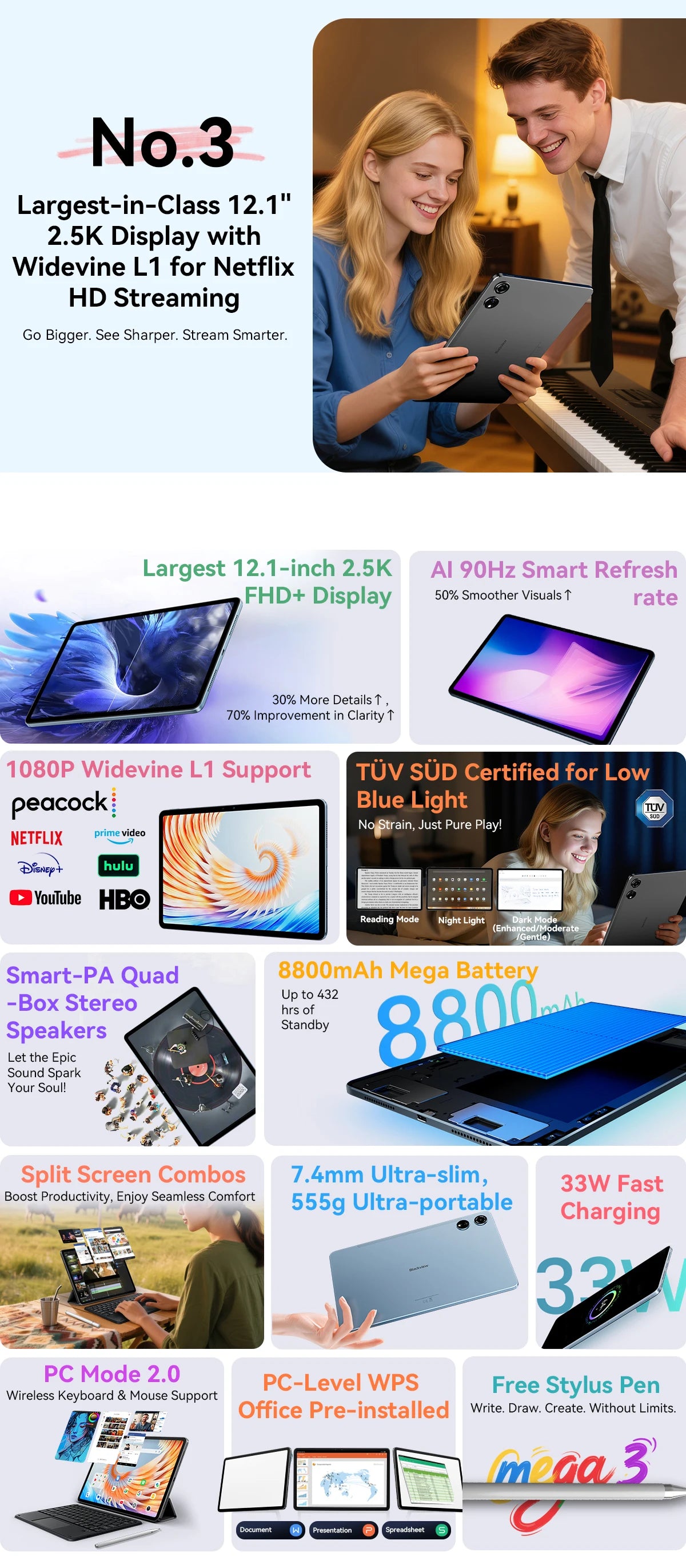 Blackview MEGA 3 Tablet 12.1" 2.5K 90Hz Display Android 15 MediaTek G100 8800mAh 33W Fast Charging 50MP Camera 12GB 256GB Pad