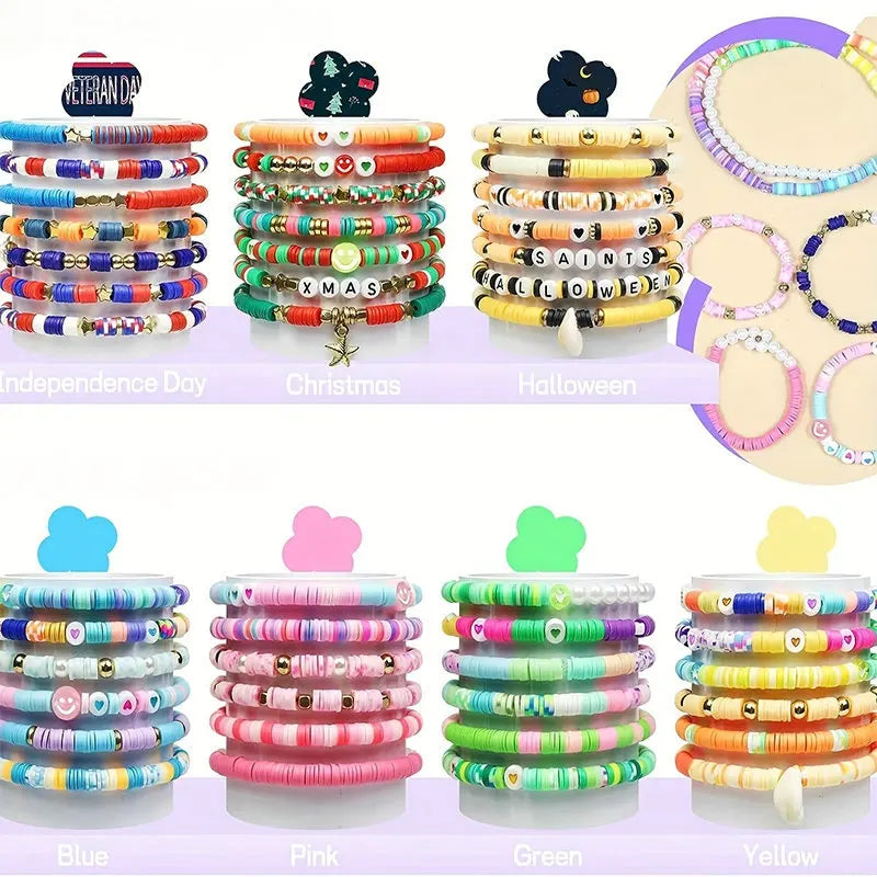 Clay Beads Bracelet Making Kit Friendship Flat Round Polymer Clay Beads Set for Jewelry Making DIY Handmade Craft Gifts Supplies