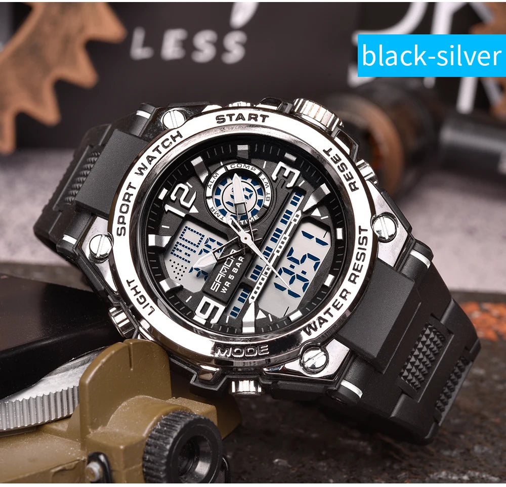 SANDA Men Sports Quartz Watches Dual Display LED Electronic Digital Wristwatches Waterproof Military Watch Relogios Masculino